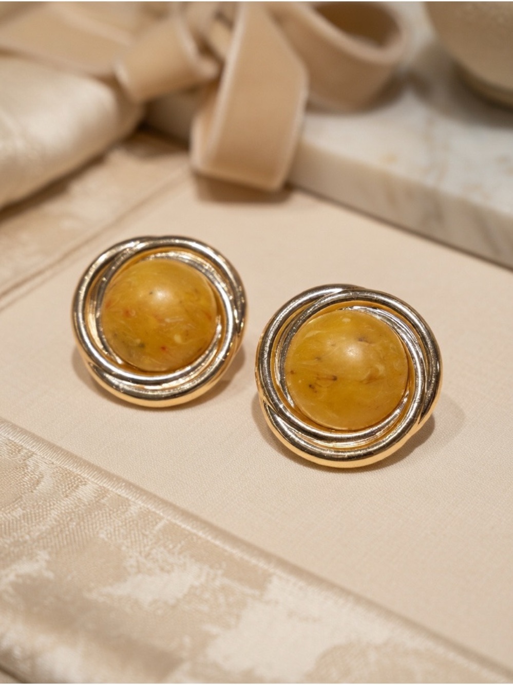 Vintage Faux Amber Cabochon Clip on Earrings Two Tone Gold Silver Statement